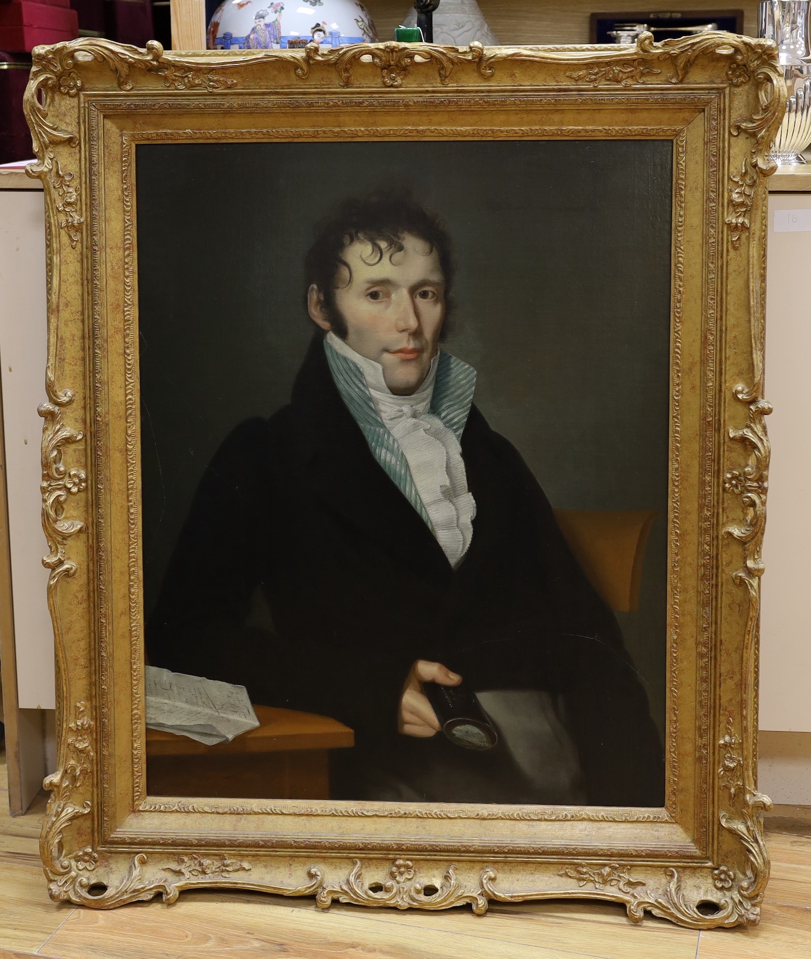 Attributed to Gaspar Benedikt Beckenkamp (1747-1828), oil on canvas, Portrait of 'Frederic Colln Receveur Communal du Cidevant Pays de Corneli Munster, age de 30 ans', inscription verso, 77 x 61cm